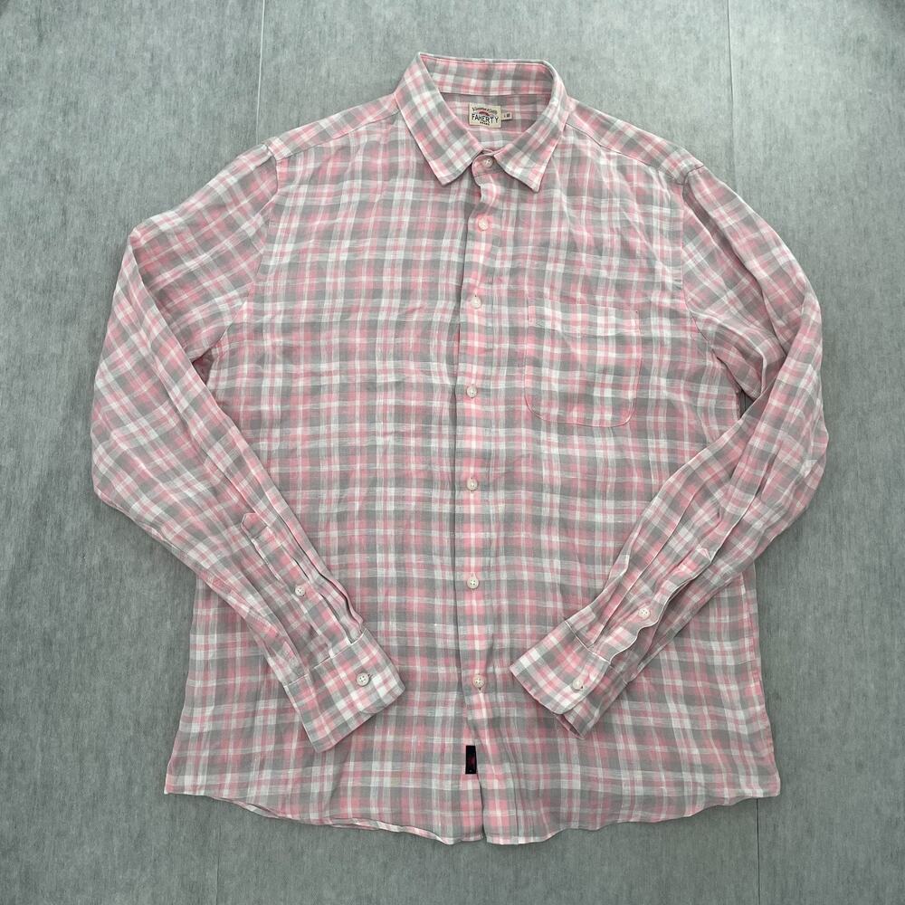 Faherty Shirt Adult Large Pink Plaid Linen Button Up Long Sleeve Pocket Mens L